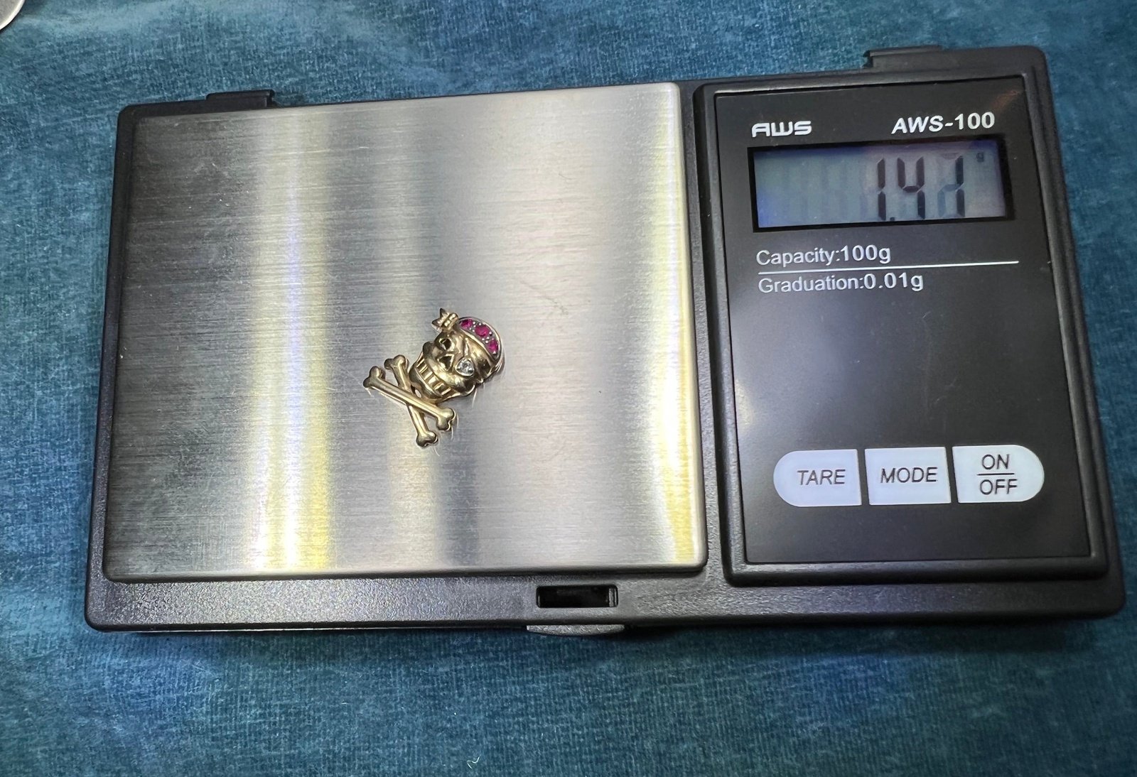 10k Gold Ruby Skull + Bones Pirate Jolly Roger Pendant