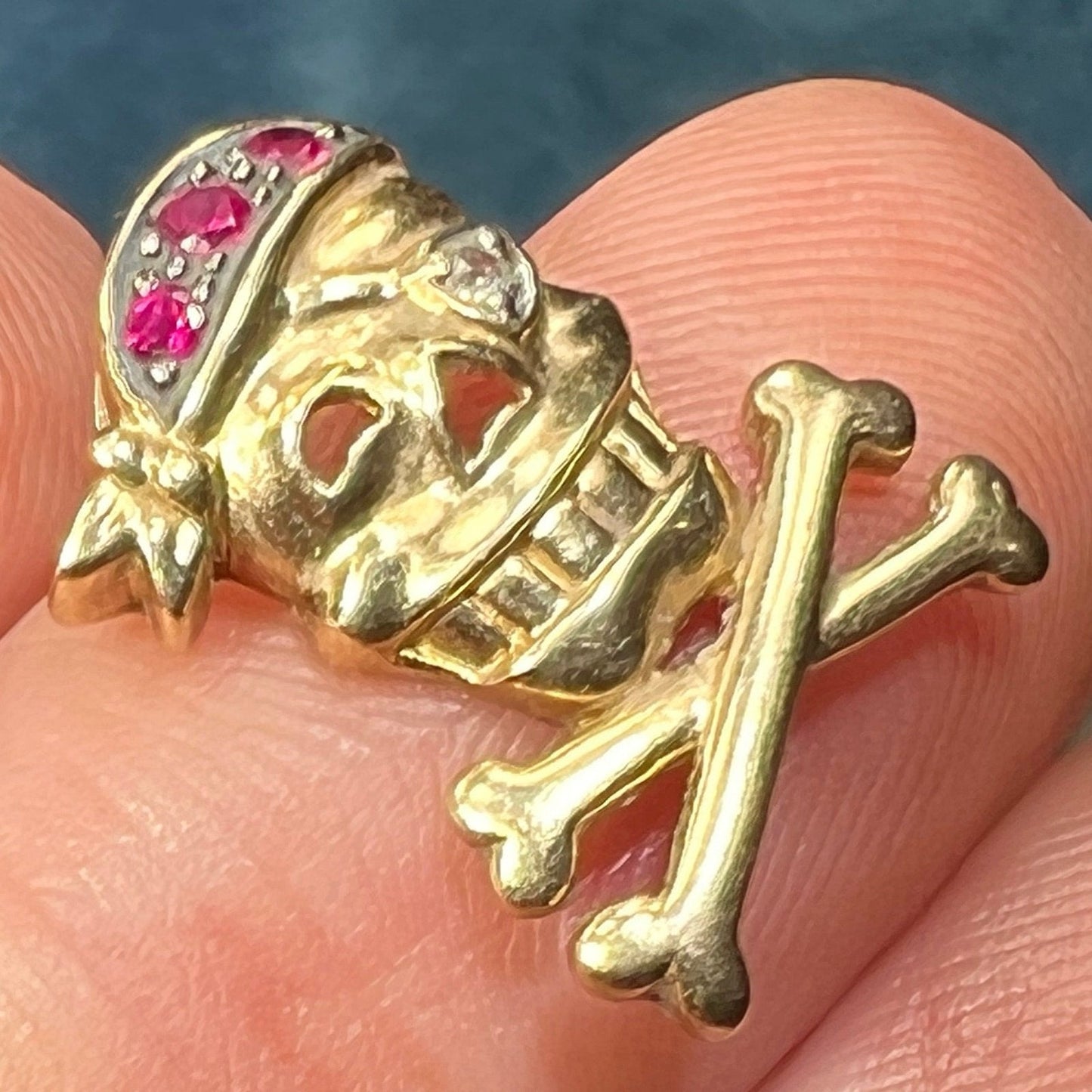 10k Gold Ruby Skull + Bones Pirate Jolly Roger Pendant