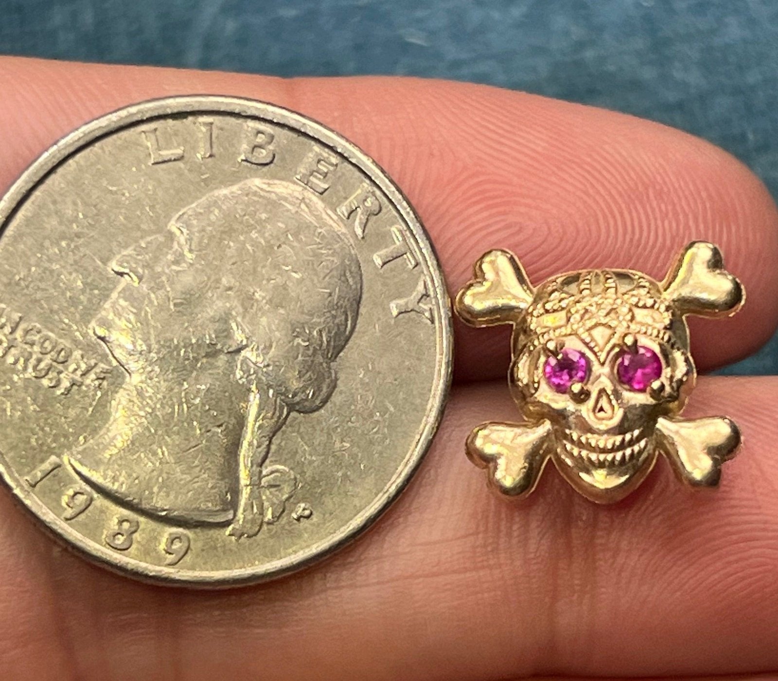10k Gold Ruby Skull + Bones *SINGLE* Earring. Day of the Dead