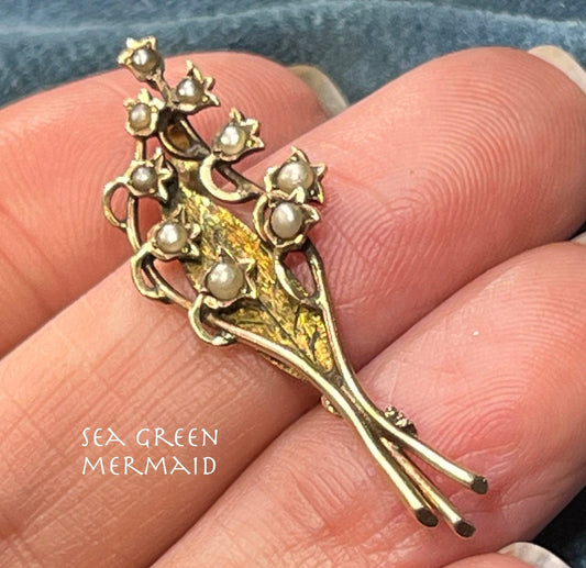 10k Gold Seed Pearl Lily of the Valley Flower Pendant. Antique