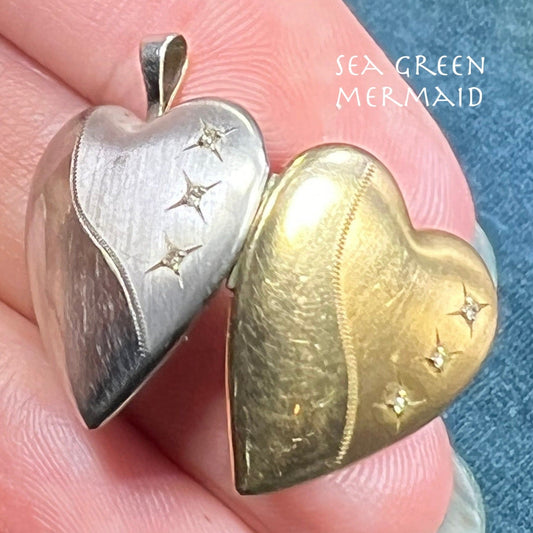 10k Reversible Yellow + White Gold Heart Locket Pendant w Gypsy-Set Diamonds