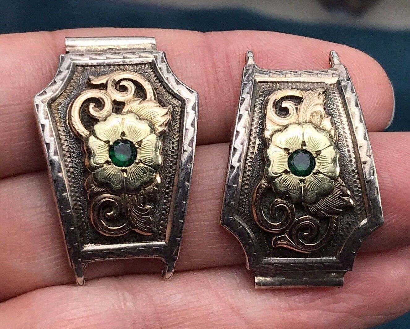 10k Rose Yellow Gold & .925 Carved Emerald Watch Ends. GIST Silversmiths-K1L5