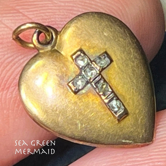 10k Rose Yellow Gold Heart Pendant w Rose-Cut Diamond Cross. Antique