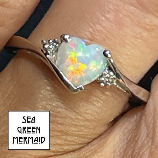 10k White Gold Australian Opal Heart & Diamonds Ring **VIDEO**