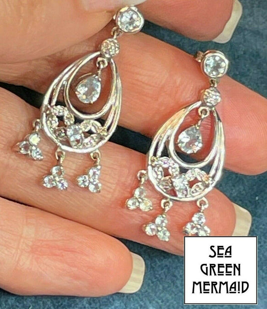 10k White Gold Blue Aquamarine & Diamond Chandelier 1.5" 6g Earrings_b180_1_21