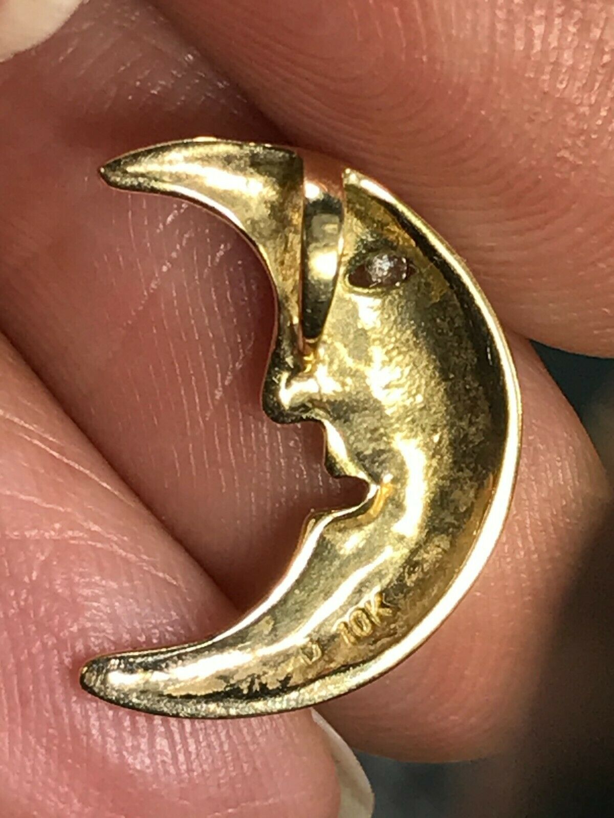 10k White Gold Crescent Man in the Moon Face Slide Pendant w Diamond