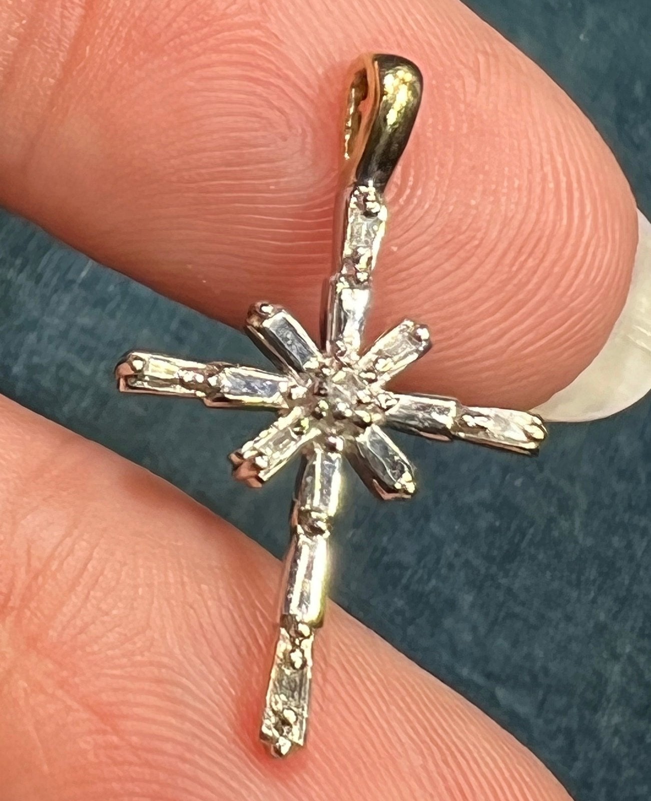 10k White Gold Cross Pendant w Sunburst of Diamond Baguettes