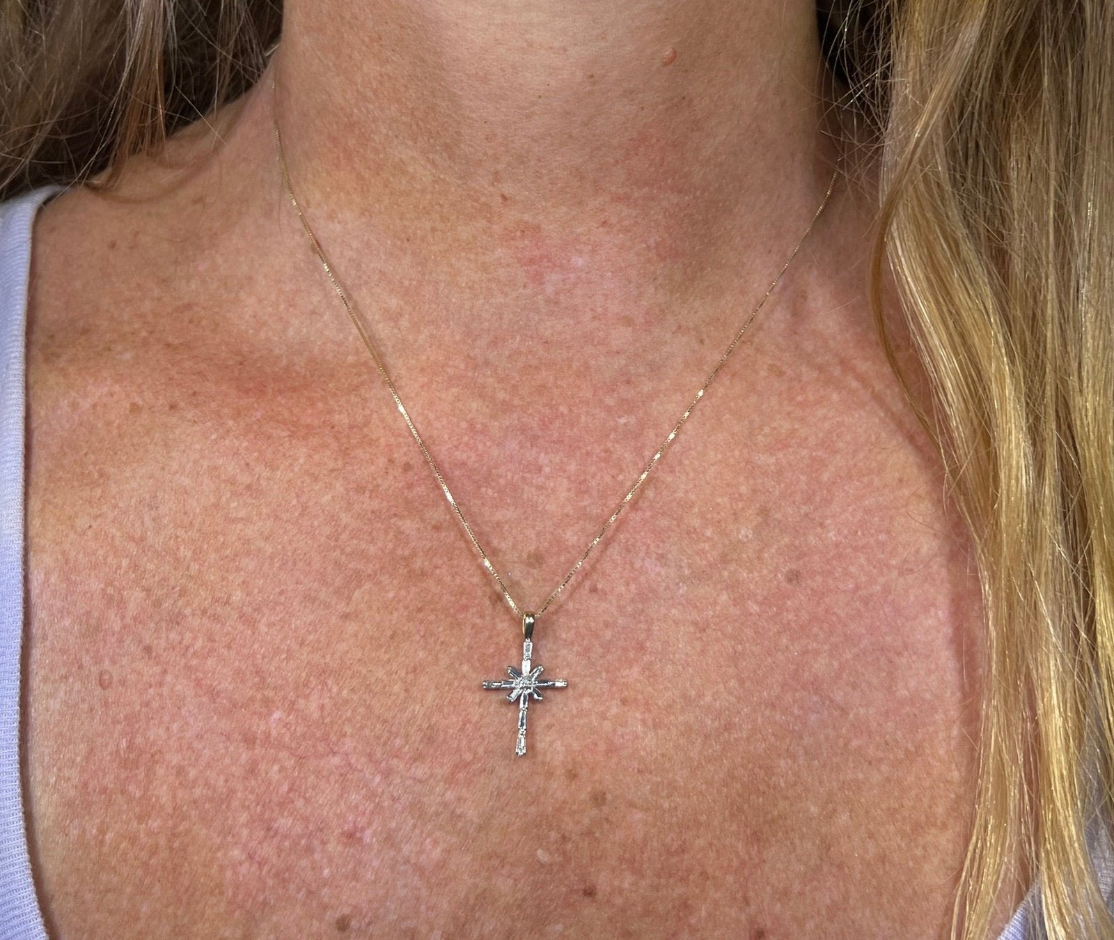 10k White Gold Cross Pendant w Sunburst of Diamond Baguettes