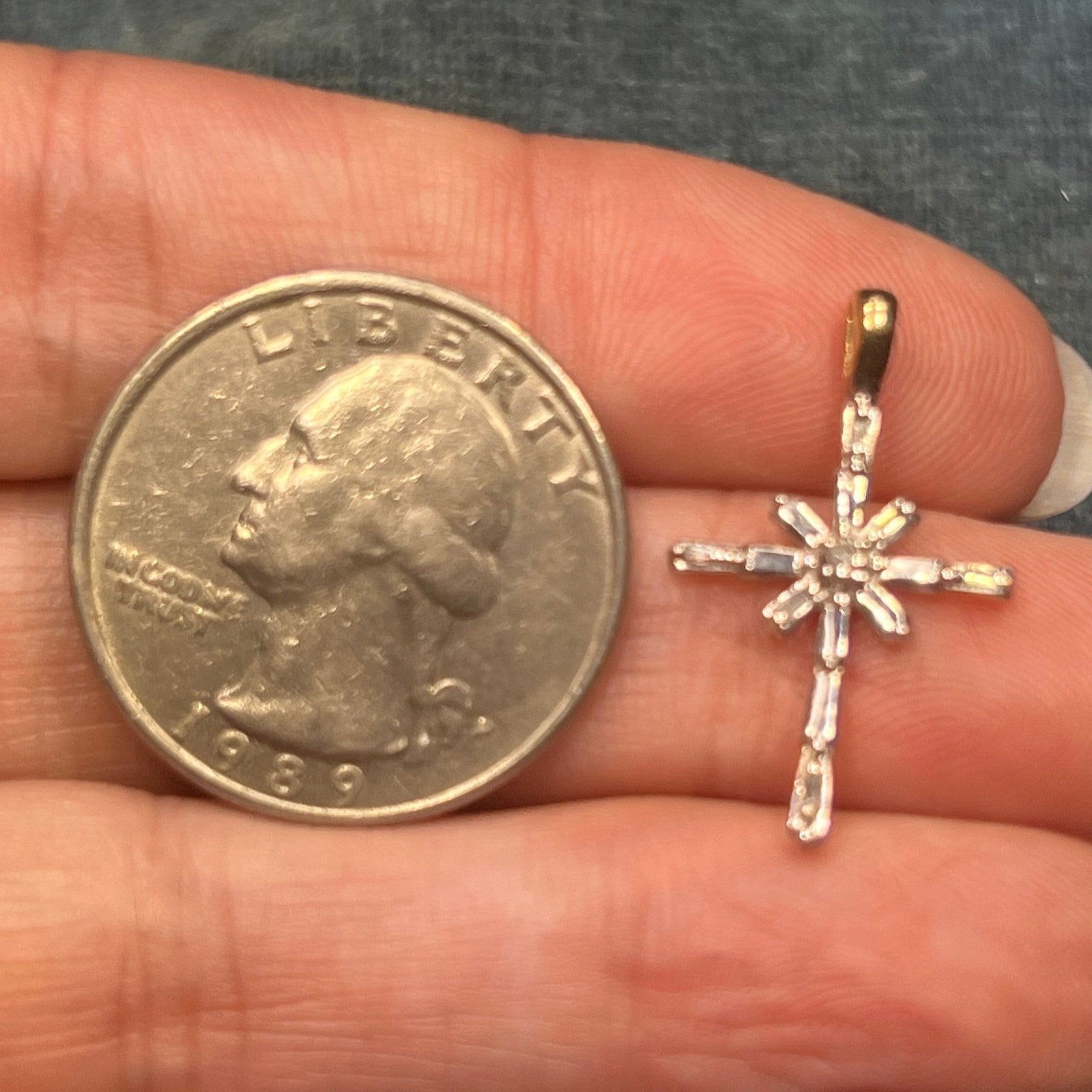 10k White Gold Cross Pendant w Sunburst of Diamond Baguettes
