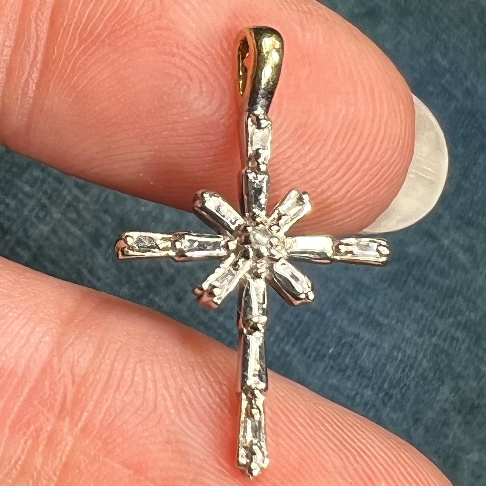 10k White Gold Cross Pendant w Sunburst of Diamond Baguettes