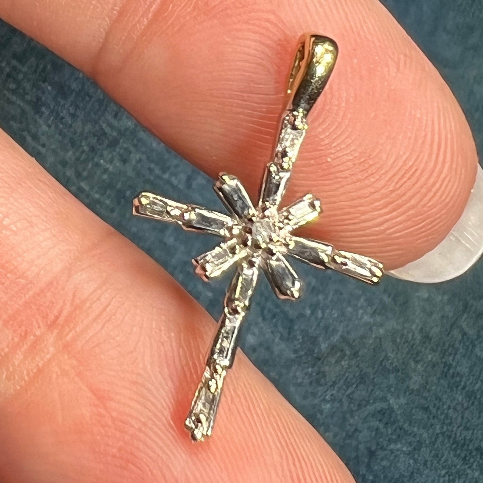 10k White Gold Cross Pendant w Sunburst of Diamond Baguettes