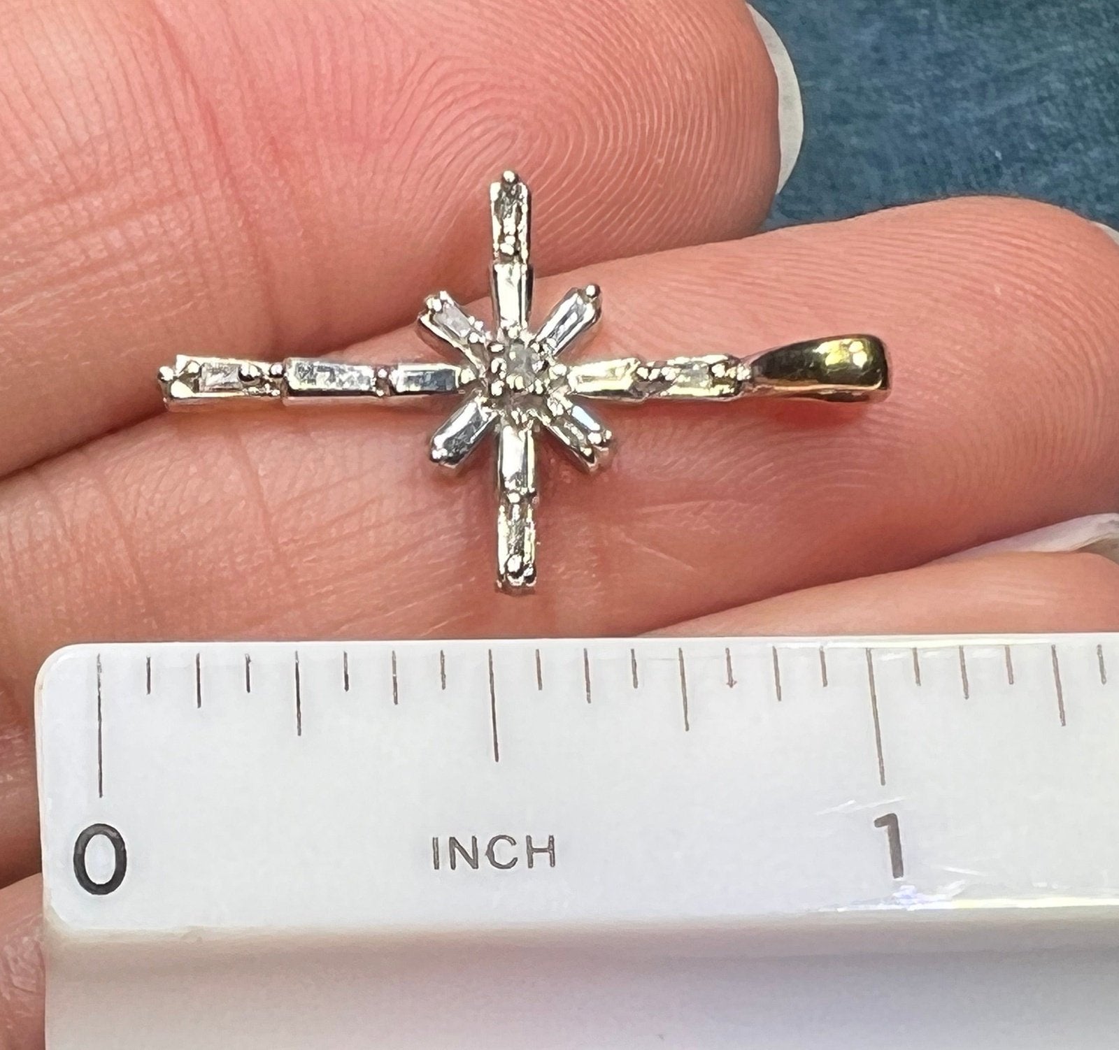 10k White Gold Cross Pendant w Sunburst of Diamond Baguettes