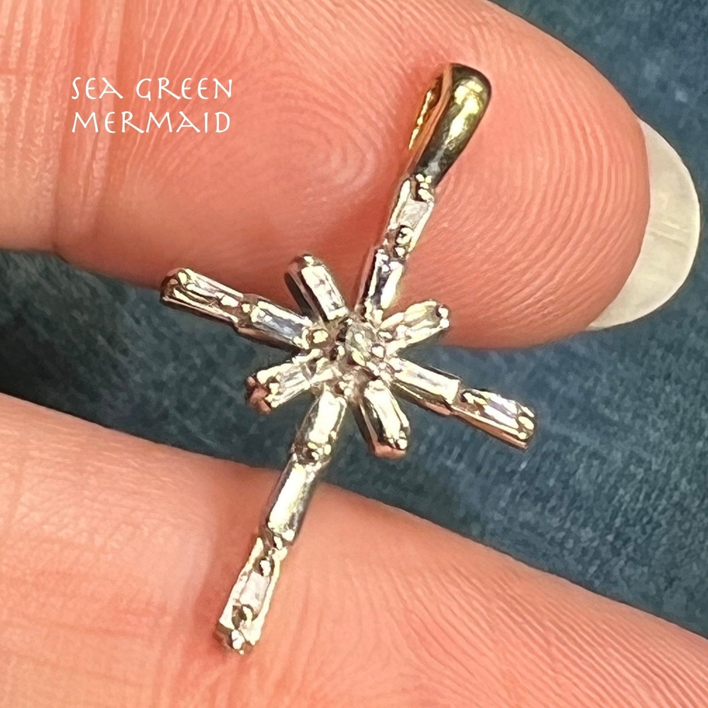 10k White Gold Cross Pendant w Sunburst of Diamond Baguettes