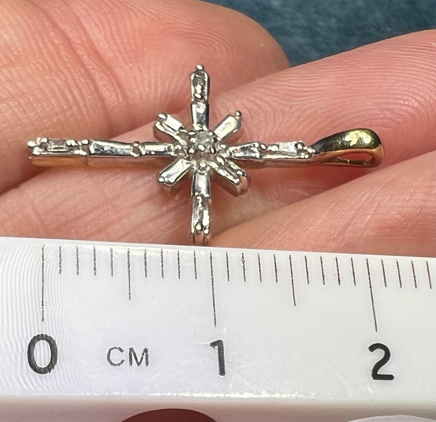 10k White Gold Cross Pendant w Sunburst of Diamond Baguettes