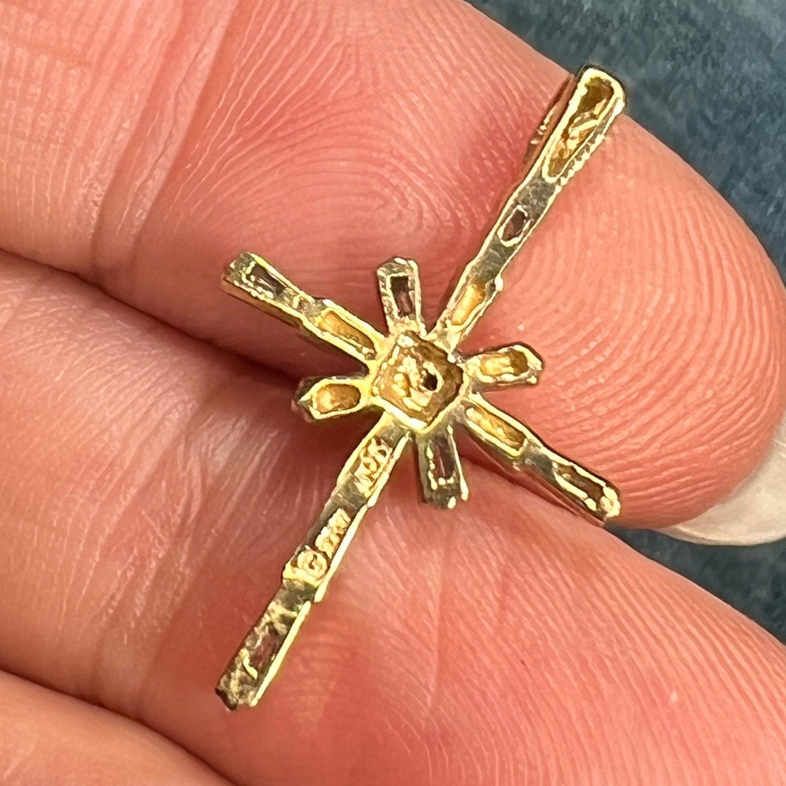 10k White Gold Cross Pendant w Sunburst of Diamond Baguettes