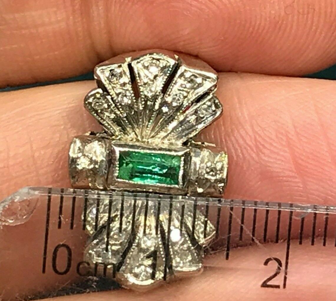 10k White Gold Emerald & Diamond Victorian Fan Ring. Wide Band