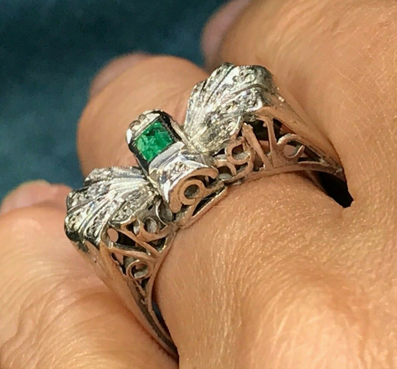 10k White Gold Emerald & Diamond Victorian Fan Ring. Wide Band