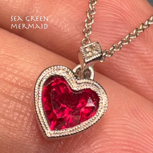 10k White Gold Ruby & Diamond TINY Heart Pendant *FREE* 14k 19" Chain