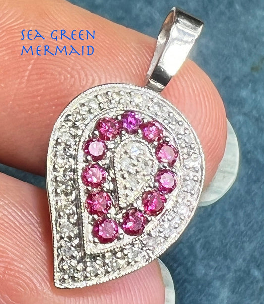 10k White Gold Teardrop Pendant w Pink + Clear Diamonds