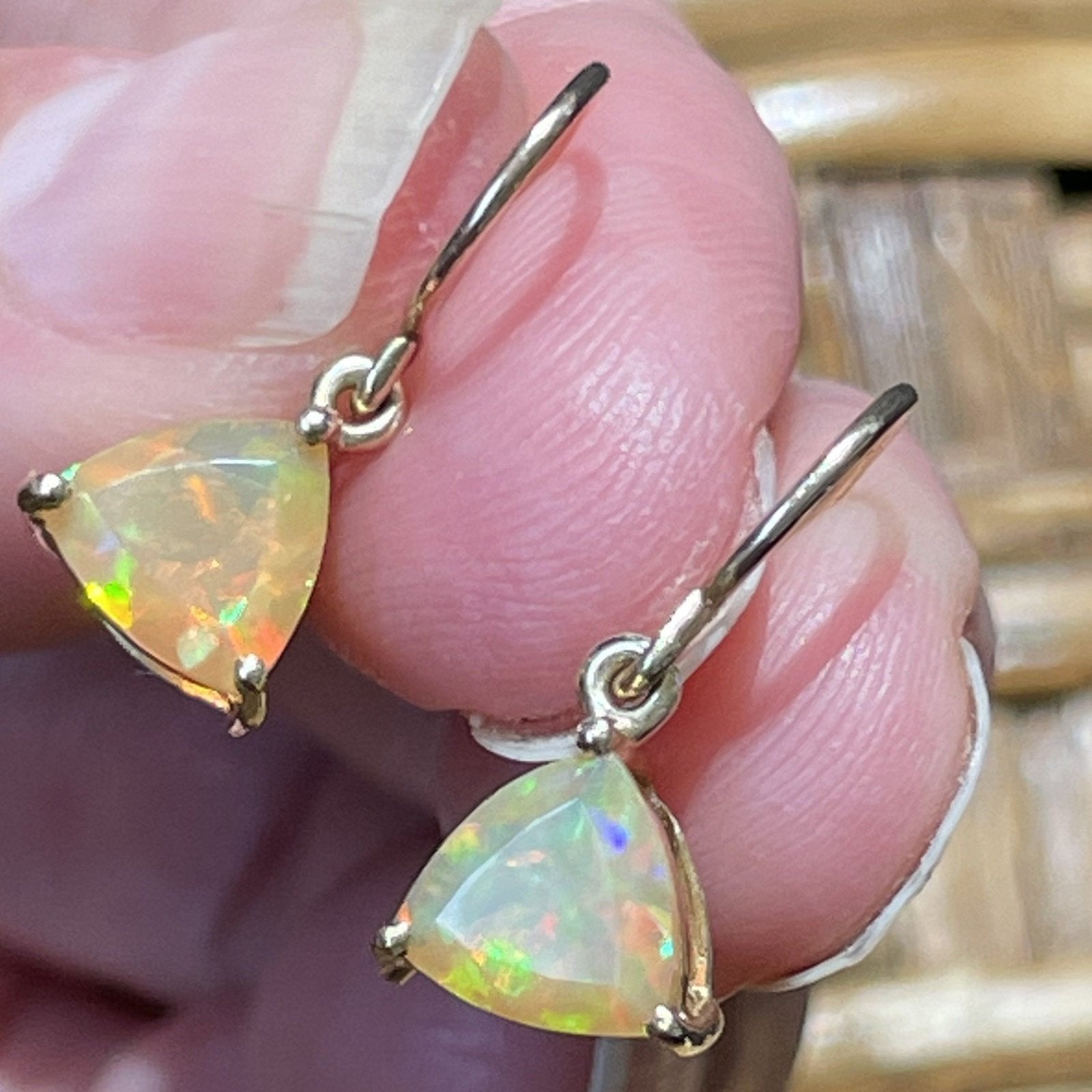 10k Yellow Gold 2 TCW Mexican Jelly Opal SUN DROP Earrings. Trillion Sea Green Mermaid