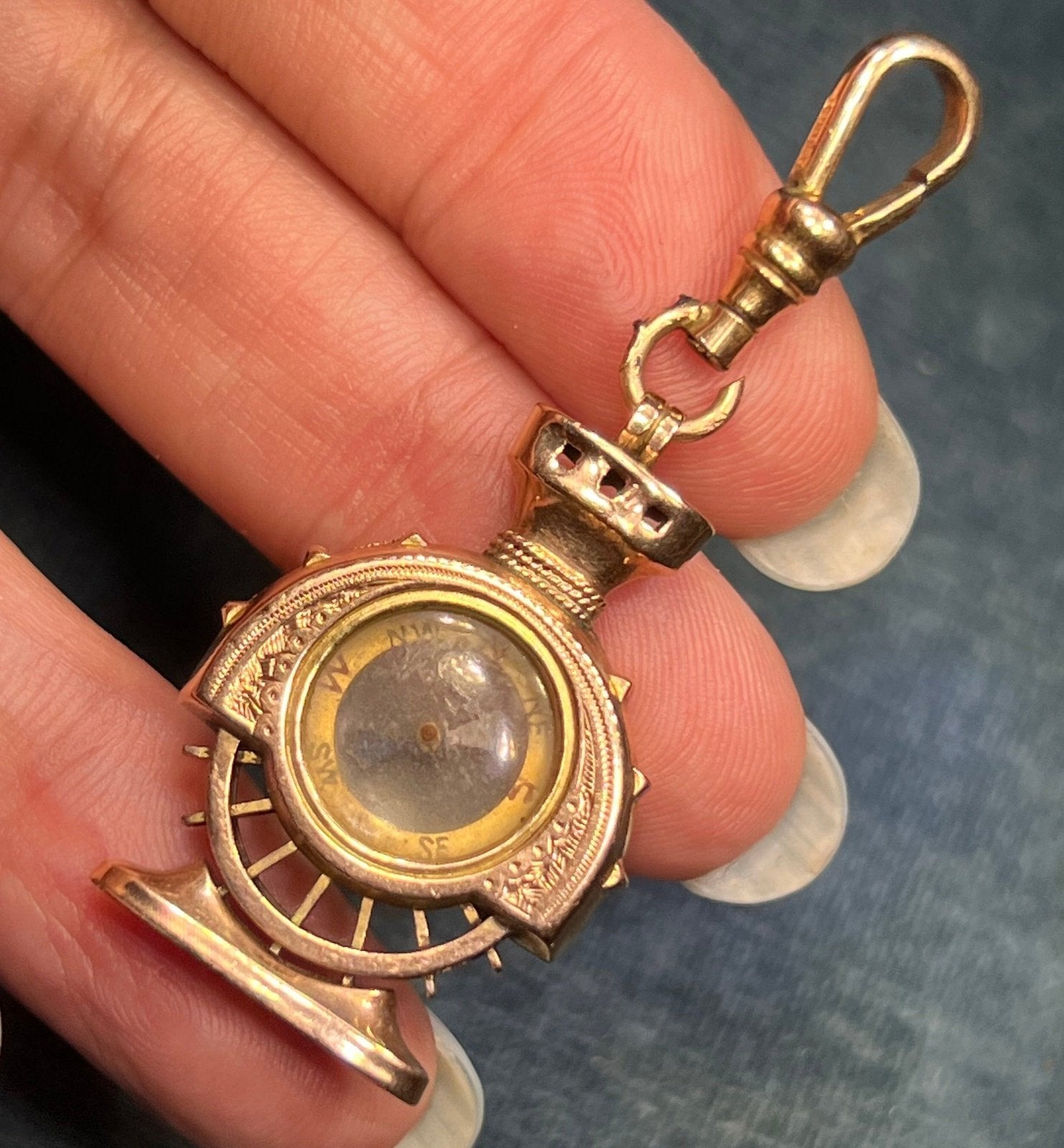10k Gold Antique Compass Fob Pendant. Captain s Wheel Video Sea Green Mermaid