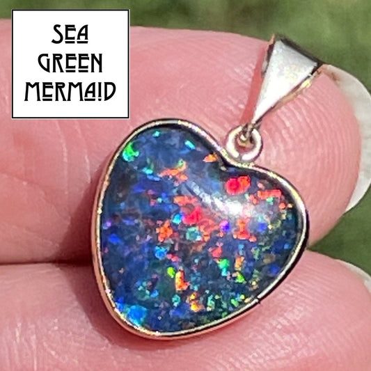 10k Yellow Gold Australian Black Opal Doublet HEART Pendant **VIDEO**