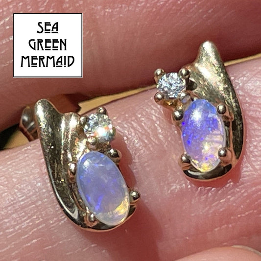 10k Yellow Gold Australian Lavender Jelly Opal & Diamond Earrings. TINY!