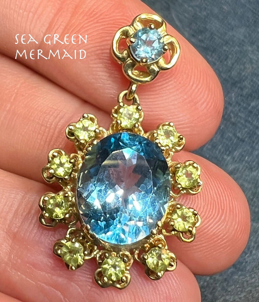 10k Yellow Gold Blue Topaz + Peridot Halo Flower Drop Pendant. 1.4"