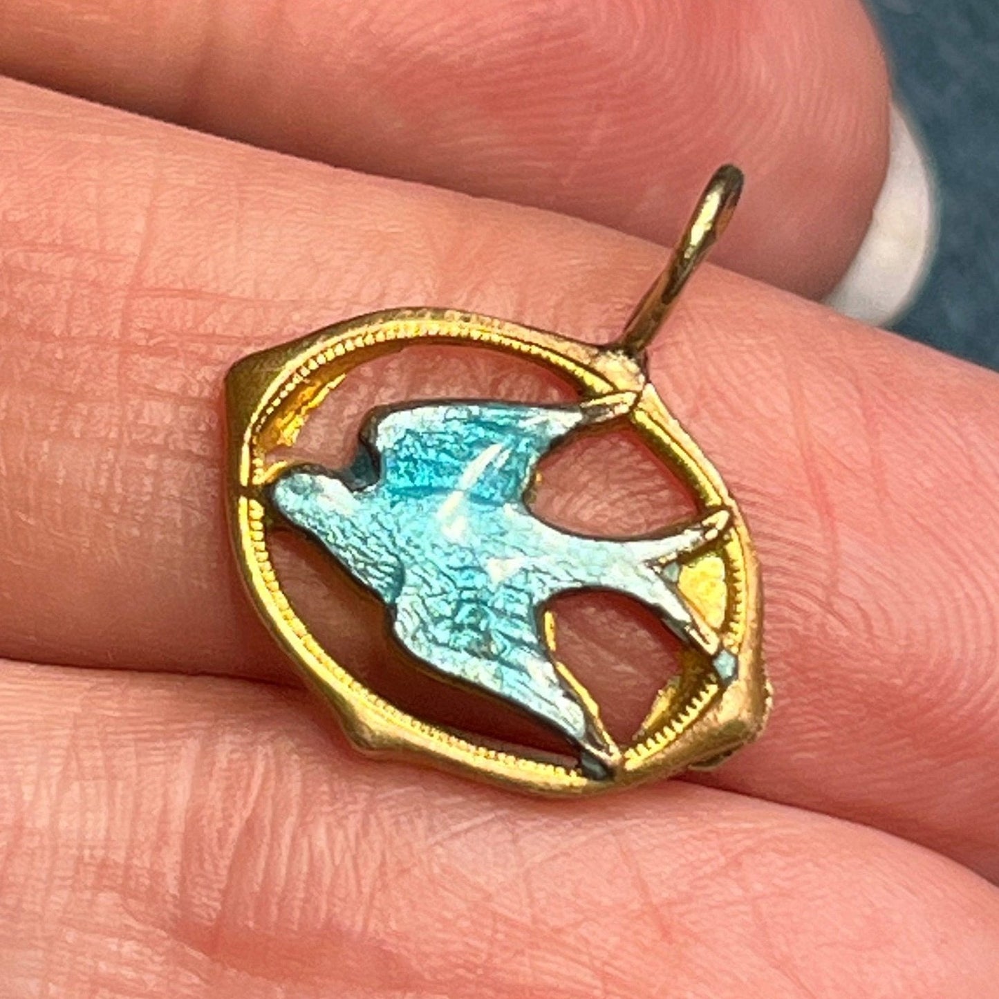 10k Yellow Gold Bluebird Swallow Enamel Pendant. Victorian *Stiff bail*