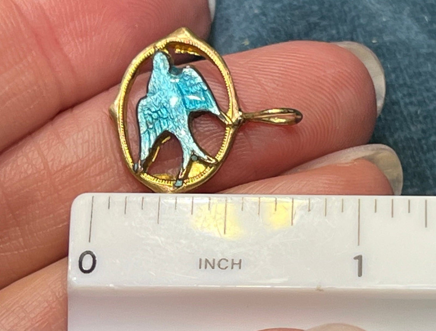 10k Yellow Gold Bluebird Swallow Enamel Pendant. Victorian *Stiff bail*