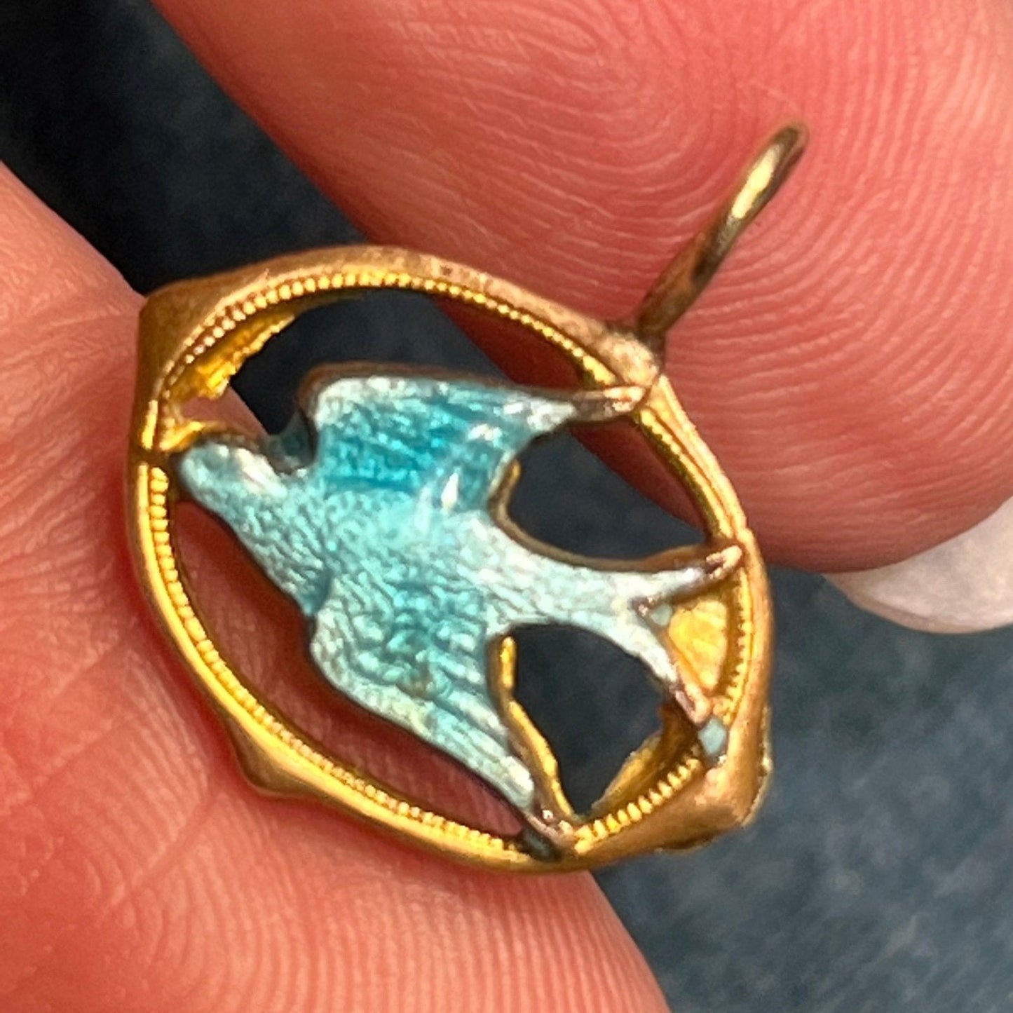 10k Yellow Gold Bluebird Swallow Enamel Pendant. Victorian *Stiff bail*