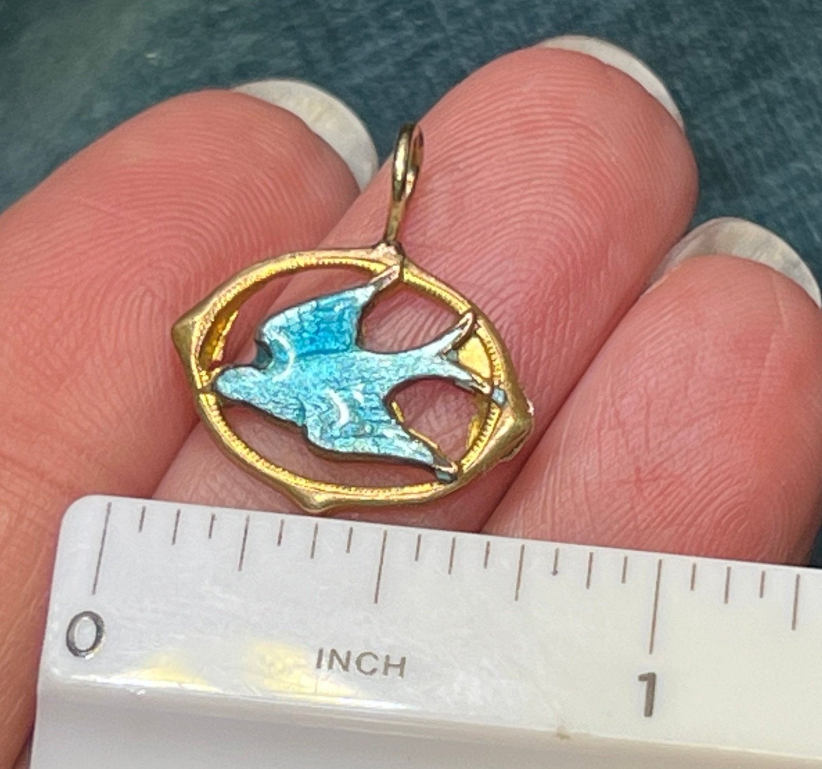 10k Yellow Gold Bluebird Swallow Enamel Pendant. Victorian *Stiff bail*