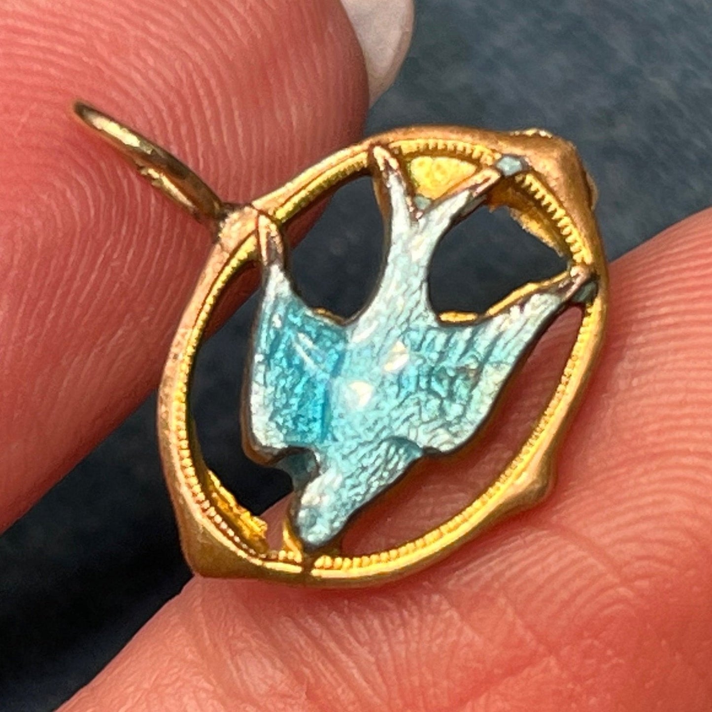 10k Yellow Gold Bluebird Swallow Enamel Pendant. Victorian *Stiff bail*
