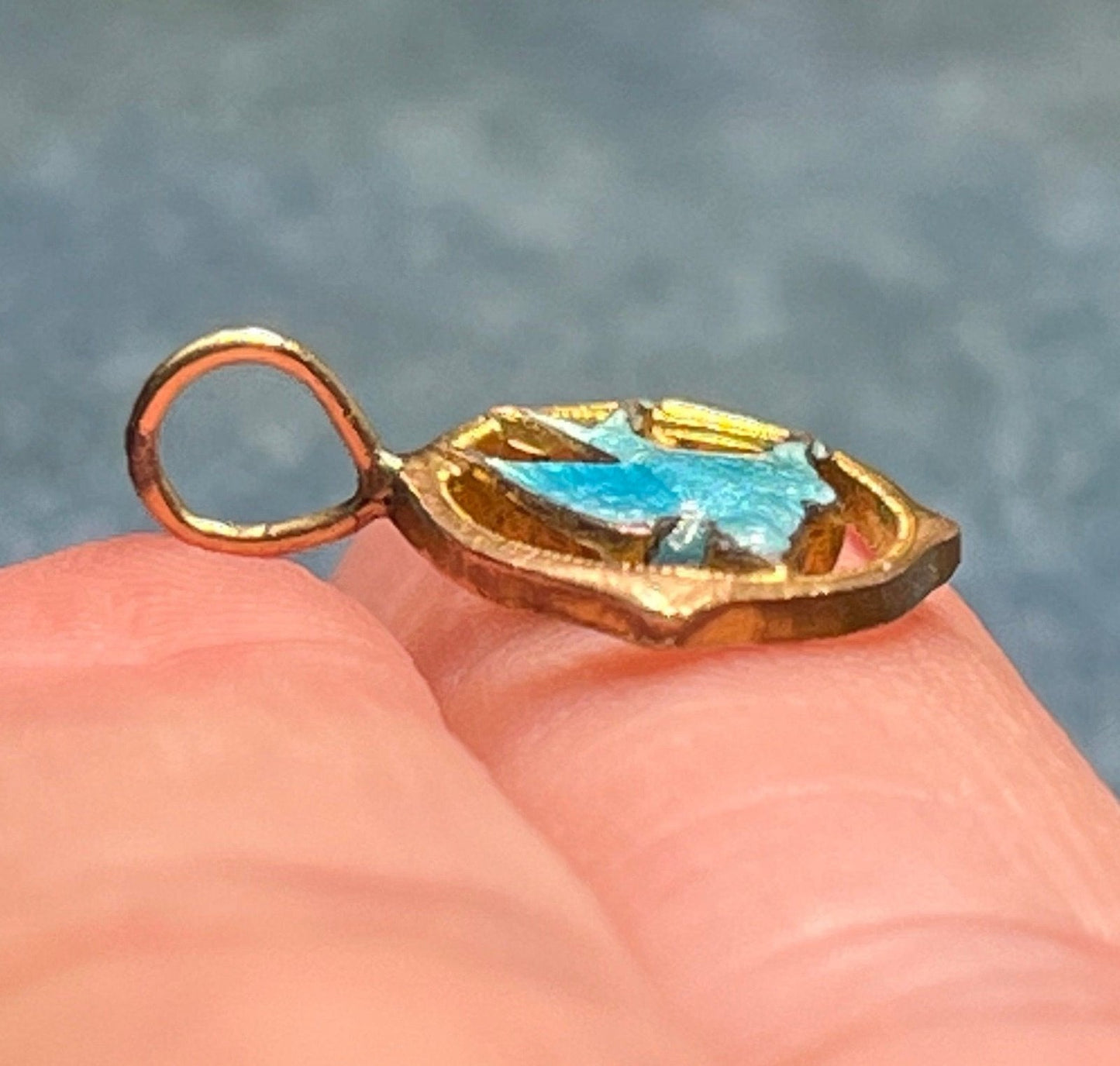 10k Yellow Gold Bluebird Swallow Enamel Pendant. Victorian *Stiff bail*