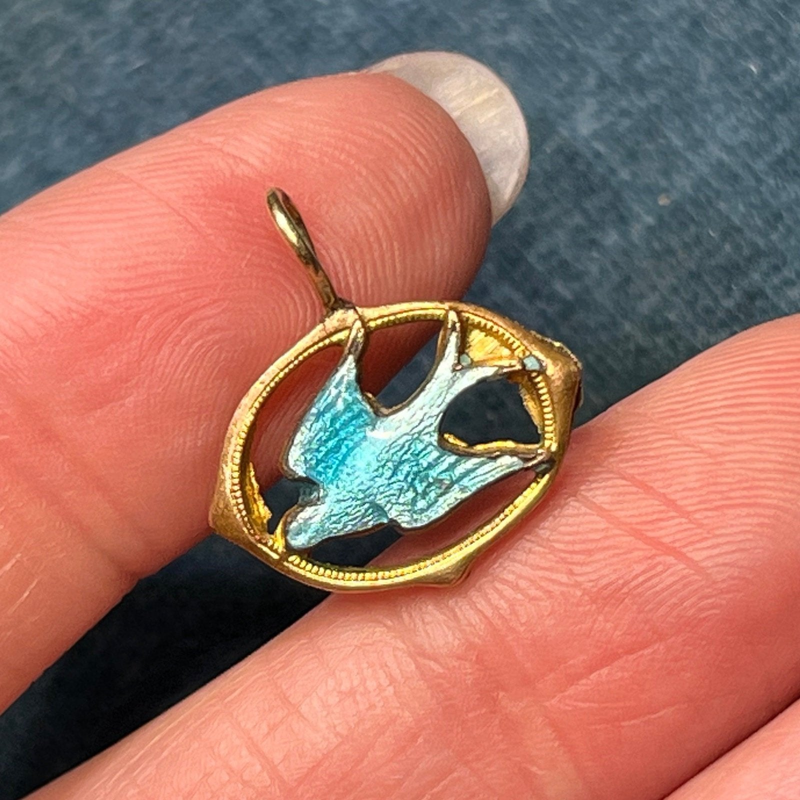 10k Yellow Gold Bluebird Swallow Enamel Pendant. Victorian *Stiff bail*