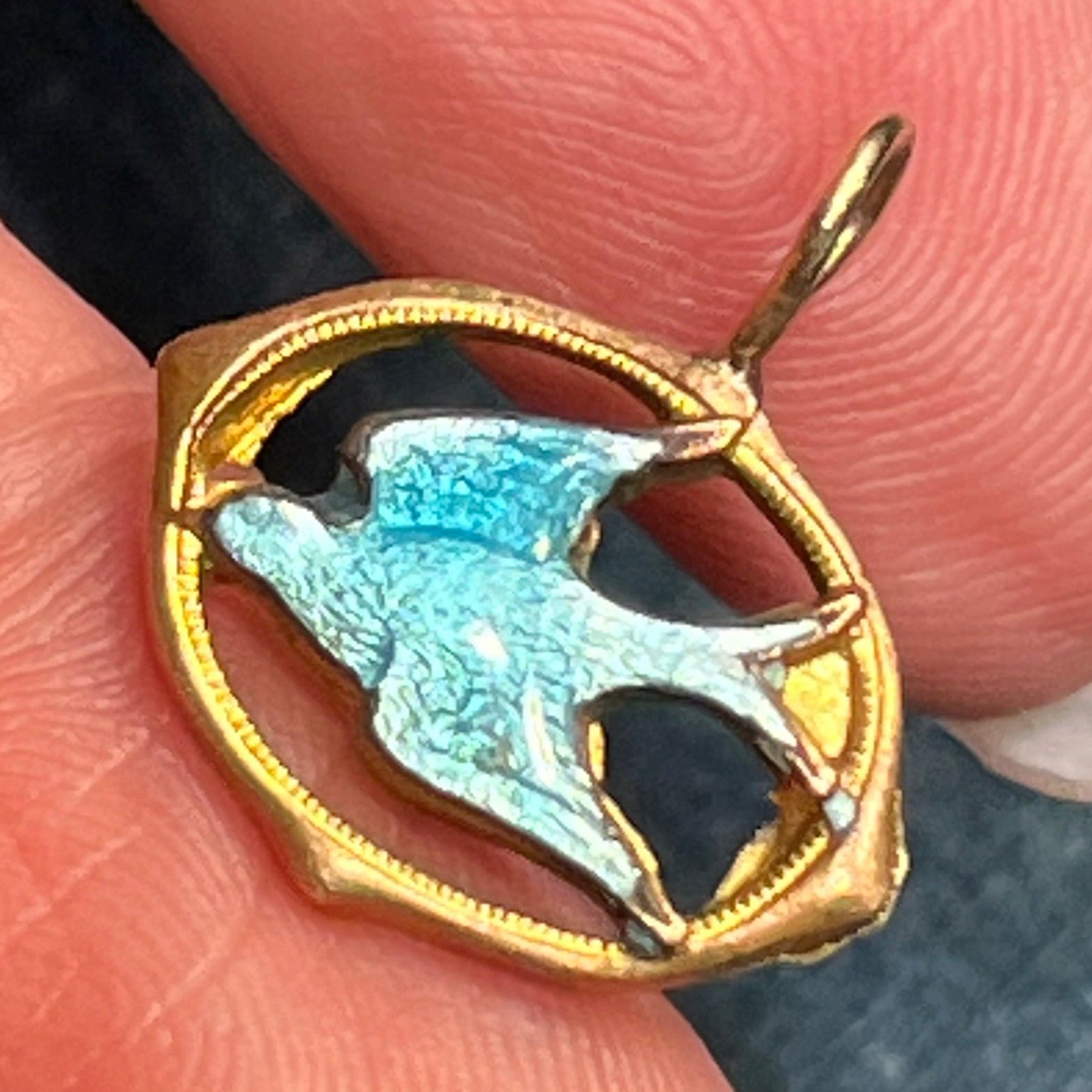 10k Yellow Gold Bluebird Swallow Enamel Pendant. Victorian *Stiff bail*