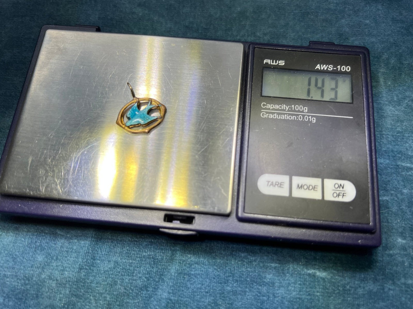 10k Yellow Gold Bluebird Swallow Enamel Pendant. Victorian *Stiff bail*