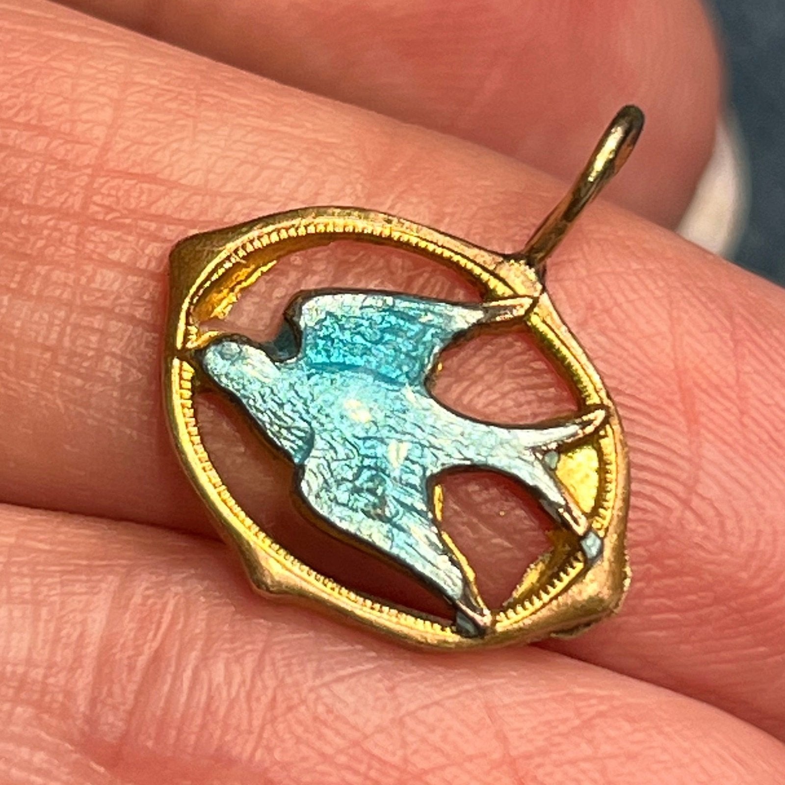 10k Yellow Gold Bluebird Swallow Enamel Pendant. Victorian *Stiff bail*