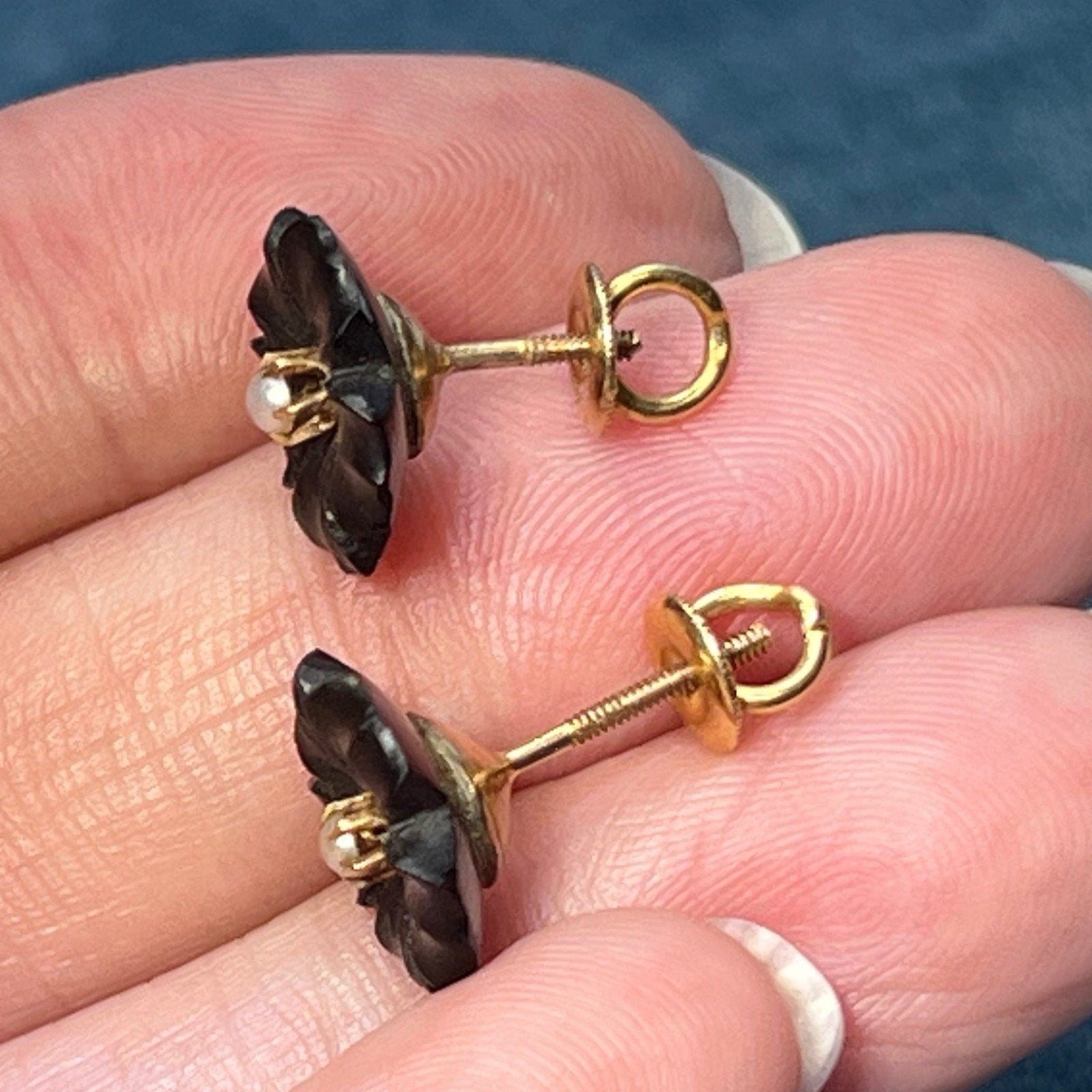 10K Yellow Gold Faceted Onyx Dangly Art Deco Earrings. Safety Backs_B60_9_20