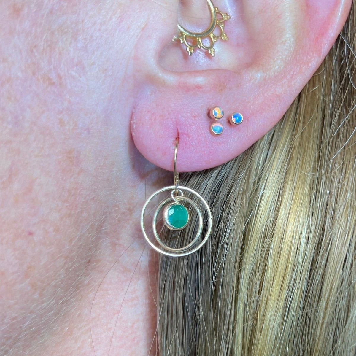 10k Yellow Gold Emerald Spinning Circles Dangle Earrings