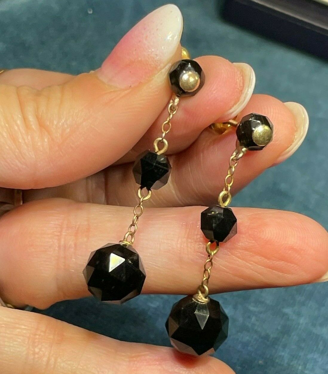 10K Yellow Gold Faceted Onyx Dangly Art Deco Earrings. Safety Backs_B60_9_20
