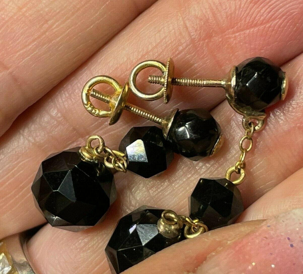 10k Yellow Gold Faceted Onyx Dangly Art Deco Earrings. Safety Backs_B60_9_20