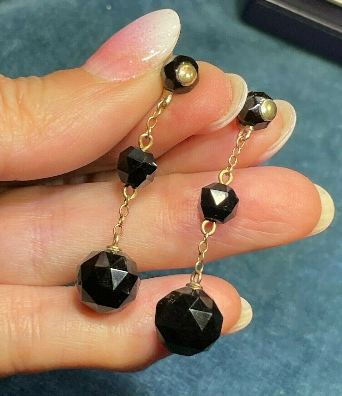 10k Yellow Gold Faceted Onyx Dangly Art Deco Earrings. Safety Backs_B60_9_20
