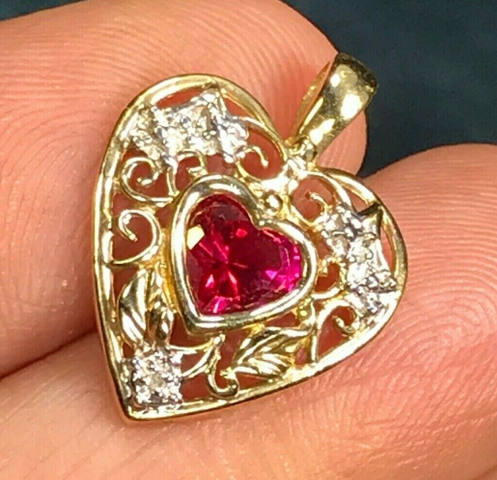 10k Yellow Gold Filigree Heart Pendant w Lab Ruby & Diamonds – Sea