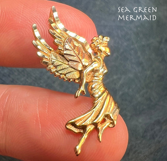 10k Yellow Gold Guardian Angel Pendant. Diamond Cut. Large 1.2"