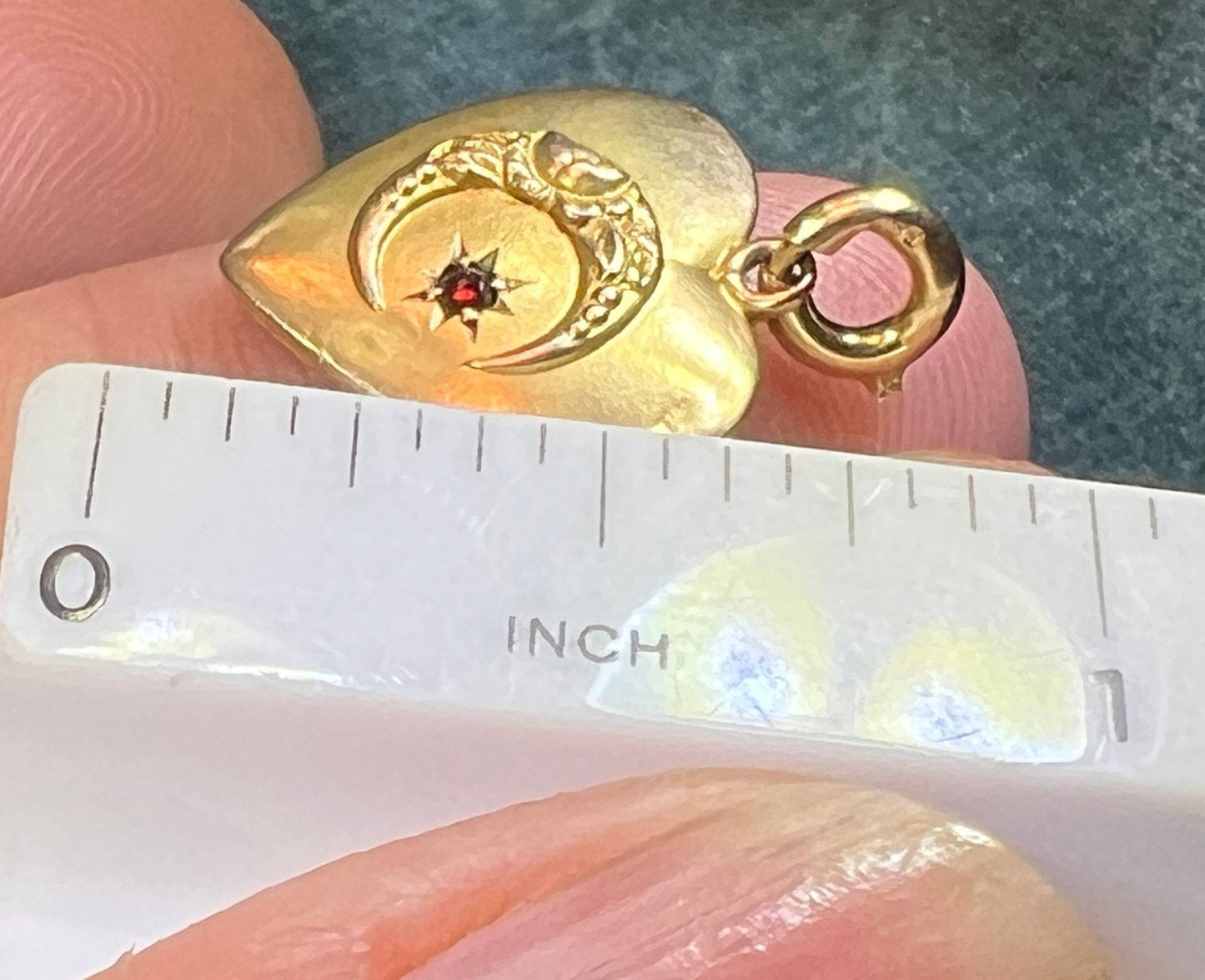 10k Yellow Gold Heart Pendant w Crescent Moon + Gypsy Set Garnet