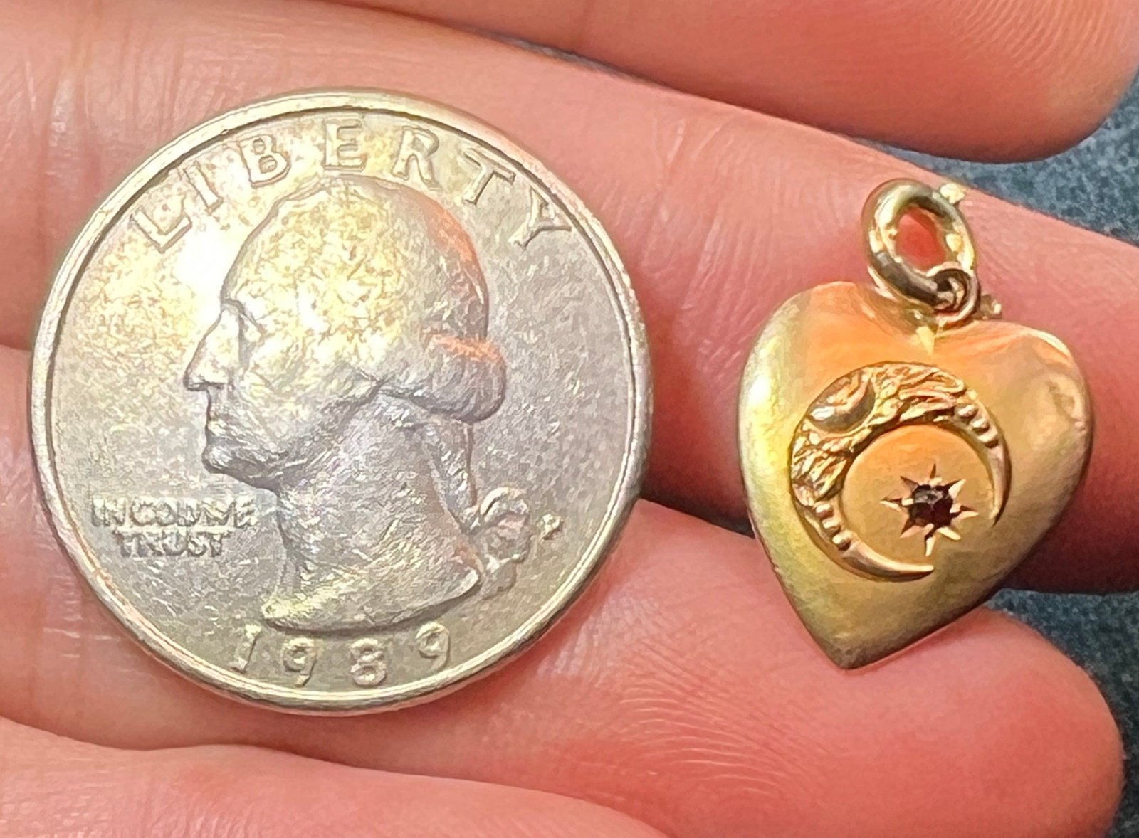10k Yellow Gold Heart Pendant w Crescent Moon + Gypsy Set Garnet