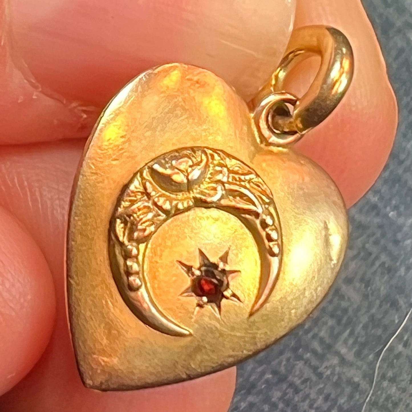 10k Yellow Gold Heart Pendant w Crescent Moon + Gypsy Set Garnet
