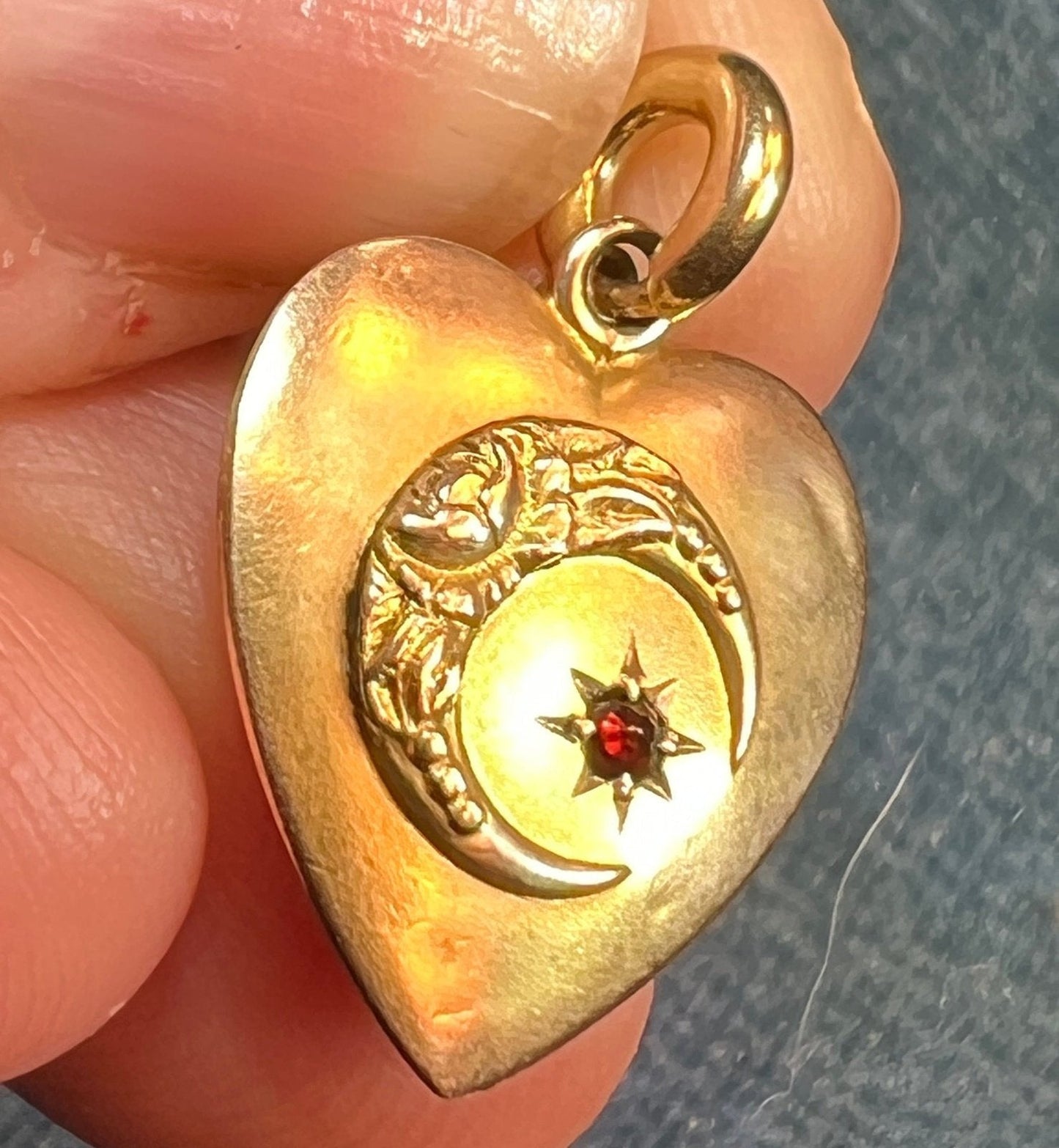 10k Yellow Gold Heart Pendant w Crescent Moon + Gypsy Set Garnet