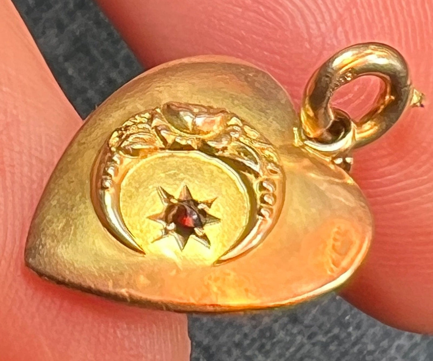 10k Yellow Gold Heart Pendant w Crescent Moon + Gypsy Set Garnet